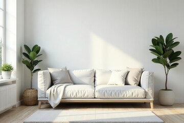 White walls, light wood floors, comfy sofa, muted tones , modern, wood