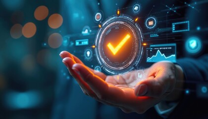 Human hand holds glowing checkmark icon within futuristic interface. Digital symbols signify approval, success, and verification. Data graphs show positive growth trends against a dark background.