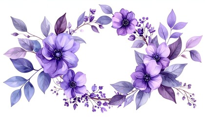 Watercolor floral wreath with purple anemones, leaves, and berries, arranged in a circular design