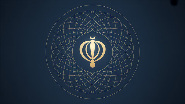 Abstract golden emblem with concentric circular patterns on a dark background