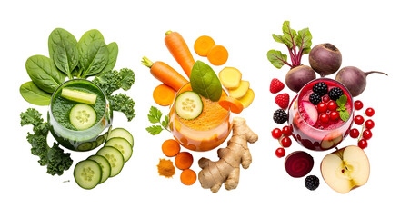 Vibrant fresh juices bursting with natural goodness, showcasing healthy ingredients like spinach, kale, carrots, ginger, beets, berries, and apples for ultimate wellness and vitality.