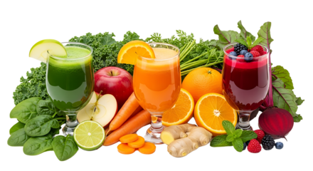 Vibrant, refreshing cold pressed juices bursting with natural goodness, showcasing healthy ingredients like kale, oranges, beets, berries, and ginger for a revitalizing wellness boost.