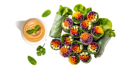 Vibrant, fresh spring rolls bursting with colorful vegetables and served with a creamy peanut dipping sauce, a healthy and delicious appetizer for any occasion.