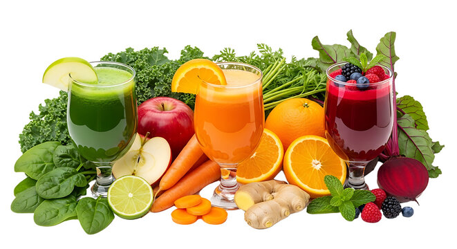 Vibrant, refreshing cold pressed juices bursting with natural goodness, showcasing healthy ingredients like kale, oranges, beets, berries, and ginger for a revitalizing wellness boost. - Powered by Adobe