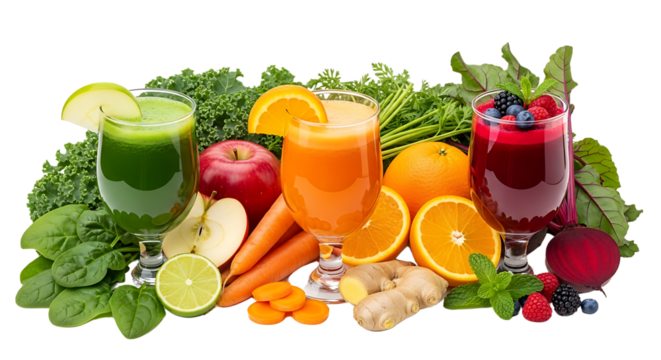 Vibrant, refreshing cold pressed juices bursting with natural goodness, showcasing healthy ingredients like kale, oranges, beets, berries, and ginger for a revitalizing wellness boost.