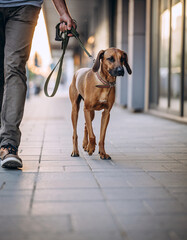 Man walking dog on modern city street during golden hour