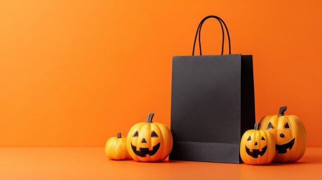 Halloween Shopping Bag and Jack-o'-Lanterns on Orange Background