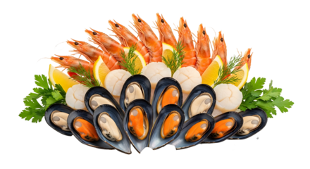 Indulge in a vibrant, fresh seafood platter featuring succulent shrimp, plump mussels, and delicate scallops artfully arranged with lemon and herbs for an exquisite dining experience.