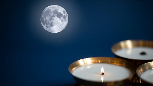 Candles glowing under a full moon against a dark night sky