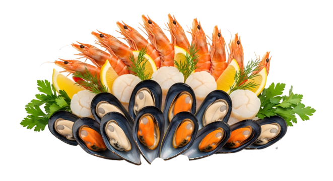 Indulge in a vibrant, fresh seafood platter featuring succulent shrimp, plump mussels, and delicate scallops artfully arranged with lemon and herbs for an exquisite dining experience. - Powered by Adobe