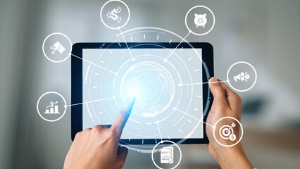 Modern budgeting and financial management icons showing finance, savings, tax, and planning. Budget...