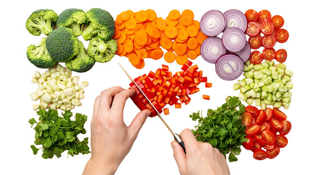 Hands expertly chop fresh red bell peppers surrounded by vibrant, perfectly prepared ingredients for a delicious, healthy meal creation, inspiring culinary creativity and wholesome eating.