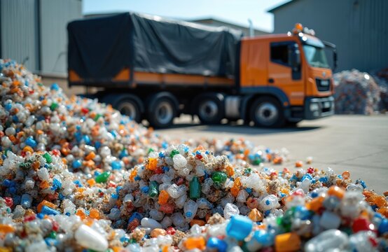 Pile of colorful plastic bottles ready for recycling. Orange truck transports recyclable waste in facility. Plastic recycling helps environment to fight climate change, reduce pollution. Eco concept. - Powered by Adobe