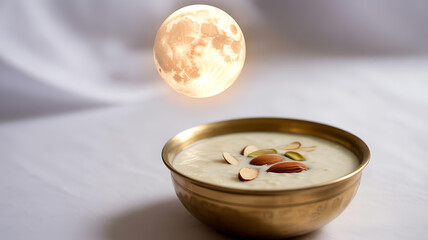 A bowl of creamy dessert topped with sliced almonds and pistachios, with a glowing full moon floating above it against a soft white background.