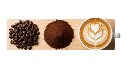 Experience the rich journey from whole beans to a perfectly crafted latte, showcasing the art of coffee making from raw ingredient to finished beverage with beautiful latte art