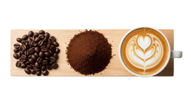 Experience the rich journey from whole beans to a perfectly crafted latte, showcasing the art of coffee making from raw ingredient to finished beverage with beautiful latte art