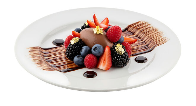 Indulge in exquisite chocolate mousse dessert adorned with vibrant fresh berries and delicate gold leaf, a perfect treat for fine dining and culinary inspiration.