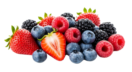 Vibrant, fresh mixed berries including juicy strawberries, plump blueberries, and ripe raspberries glistening with water droplets, perfect for healthy eating and summer recipes.