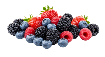 Vibrant fresh berries including juicy strawberries, plump blueberries, and rich raspberries glistening with water droplets, perfect for healthy eating and culinary inspiration