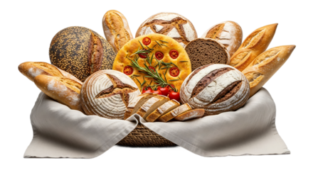 Artisan bread basket overflowing with fresh, golden-crusted loaves, baguettes, and focaccia topped with tomatoes and rosemary, perfect for bakery, culinary, or gourmet food marketing.