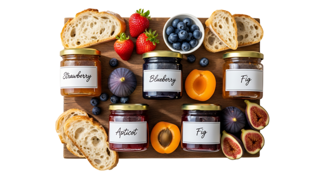 Indulge in artisanal fruit preserves featuring vibrant strawberry, blueberry, apricot, and fig jams beautifully presented with fresh fruits and crusty bread for a delightful gourmet experience.