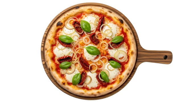 Irresistible gourmet pizza topped with fresh mozzarella, vibrant sun-dried tomatoes, sweet onions, and fragrant basil, ready to be savored.