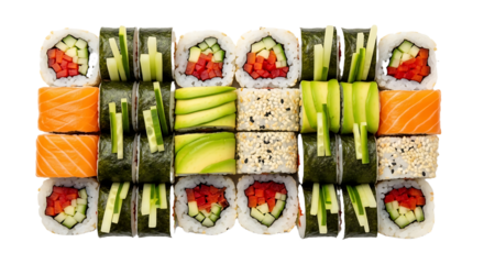 Delectable assortment of fresh sushi rolls featuring vibrant salmon, creamy avocado, crisp cucumber, and red pepper, perfect for culinary inspiration and healthy eating promotions.