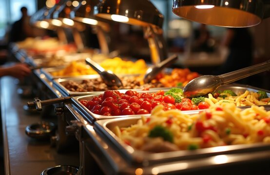 Buffet line with variety of dishes indoors. Food selection includes pasta cherry tomatoes and meat. Restaurant offers many options for lunch dinner. Friends serve food at buffet station.