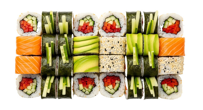 Delectable assortment of fresh sushi rolls featuring vibrant salmon, creamy avocado, crisp cucumber, and red pepper, perfect for culinary inspiration and healthy eating promotions.