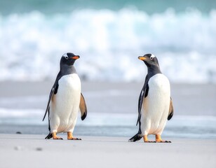 Obraz premium 해변에서 마주 선 두 펭귄의 자연스러운 순간 Two Penguins Standing Face to Face on the Beach