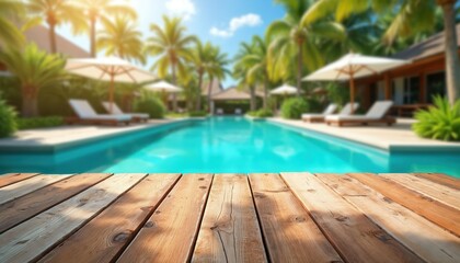 Fototapeta premium Wooden deck near bright blue swimming pool. Palm trees, lounge chairs, and resort buildings surround pool area. Sunny sky with clouds above tranquil oasis.