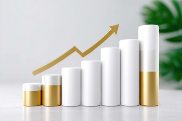 rendering of gold arrow climbing over bar chart, business growth and profit increase visualization 