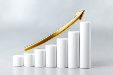 rendering of gold arrow climbing over bar chart, business growth and profit increase visualization 