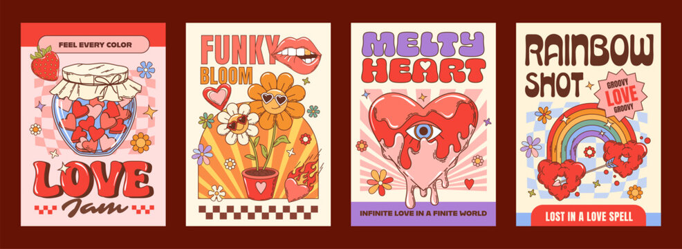 Love and Valentine day groovy hippie characters posters. Vector retro psychedelic cards with quirky jam jar, funky flowers with sunglasses, surreal melting heart with eye, rainbow pierced by an arrow