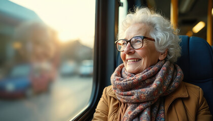 Elderly woman smiles looking out bus window. Senior lady enjoys ride on public transport, sees city views. She travels happily on her journey.