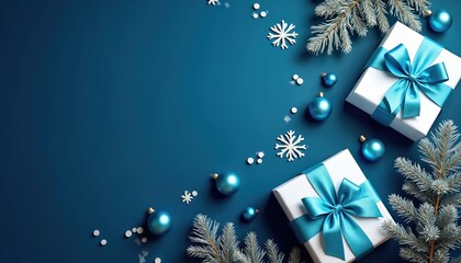 Two white gift boxes with teal bows sit on dark teal background with pine branches, blue baubles. White snowflakes, confetti add festive flair. Arrangement perfect for holiday greetings, winter sale