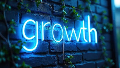 Blue neon sign spelling growth attached to dark brick wall with green vines climbing. Symbolizes success development positive progress and business expansion ideas.