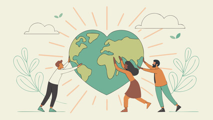 Earth day save the planet concept people holding heart shaped globe together for environment and ecology 100