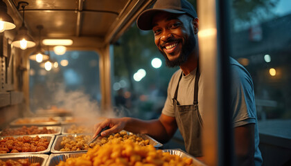 Smiling man in cap and apron serves hot food from mobile kitchen. Steam rises from trays of fried snacks. Street food vendor prepares delicious fast cuisine outdoors at night.