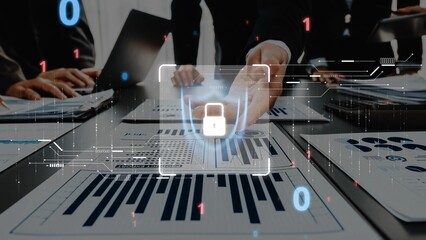 A professional setting showcasing data security through a lock symbol overlaying various analytical charts. Perfect for business discussions on cybersecurity and analytics. Raster