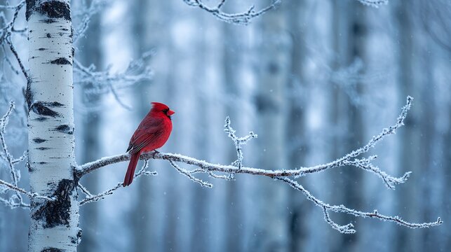 Red cardinal bird perched on snow covered branch in winter wonderland forest