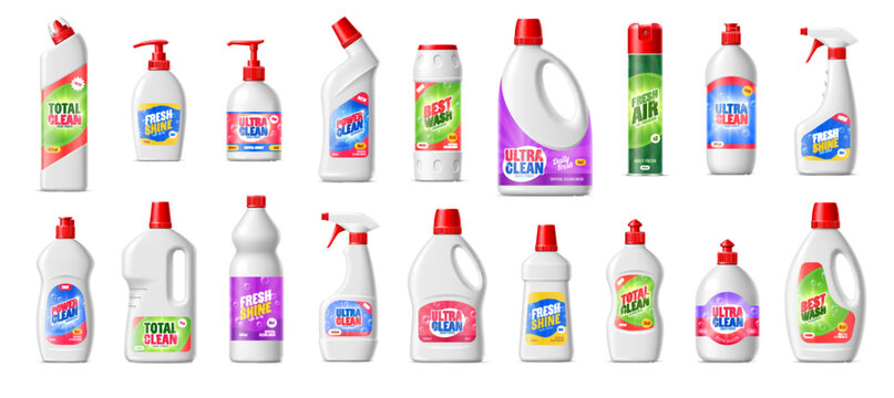 Cleanser, liquid soap bottle and detergent container realistic packages. Vector set of household cleaning product containers and sprays. Disinfectants and air fresheners in different shapes and labels