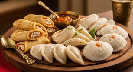 Traditional indian and bengali sweet platter patishapta rolls, pitha, steamed rice cakes. cultural feast. illustration