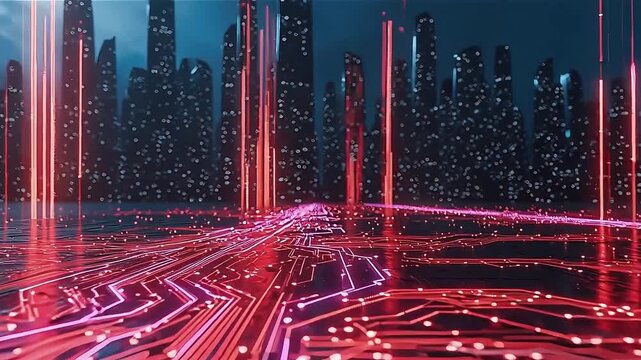 Abstract futuristic cityscape with glowing red circuit board pathways and towering skyscrapers illuminated by neon lights, representing digital connectivity and technological advancement