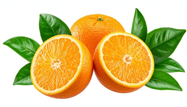 Vibrant close-up of whole and halved citrus fruit with lush green foliage