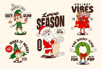 Naklejka premium Christmas funny groovy characters retro stickers and t shirt prints. Vector cute vintage Santa Claus, festive elf, gift bag, wreath and holly cartoon personages with holiday quotes and Xmas greetings