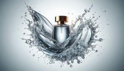 Elegant perfume bottle surrounded by dynamic water splash for a fresh, clean fragrance campaign that evokes a sense of luxury and purity on light background