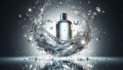Silver bottle surrounded by sparkling water splash, perfect for showcasing beauty products or the essence of purity and freshness in your design projects