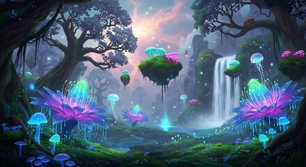 Enchanted Forest - A Dreamy Landscape with Glowing Flora and Waterfall.