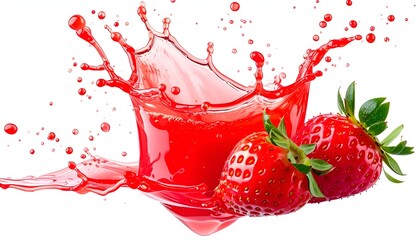 Vibrant red liquid splash with ripe strawberries, isolated on a clean white background